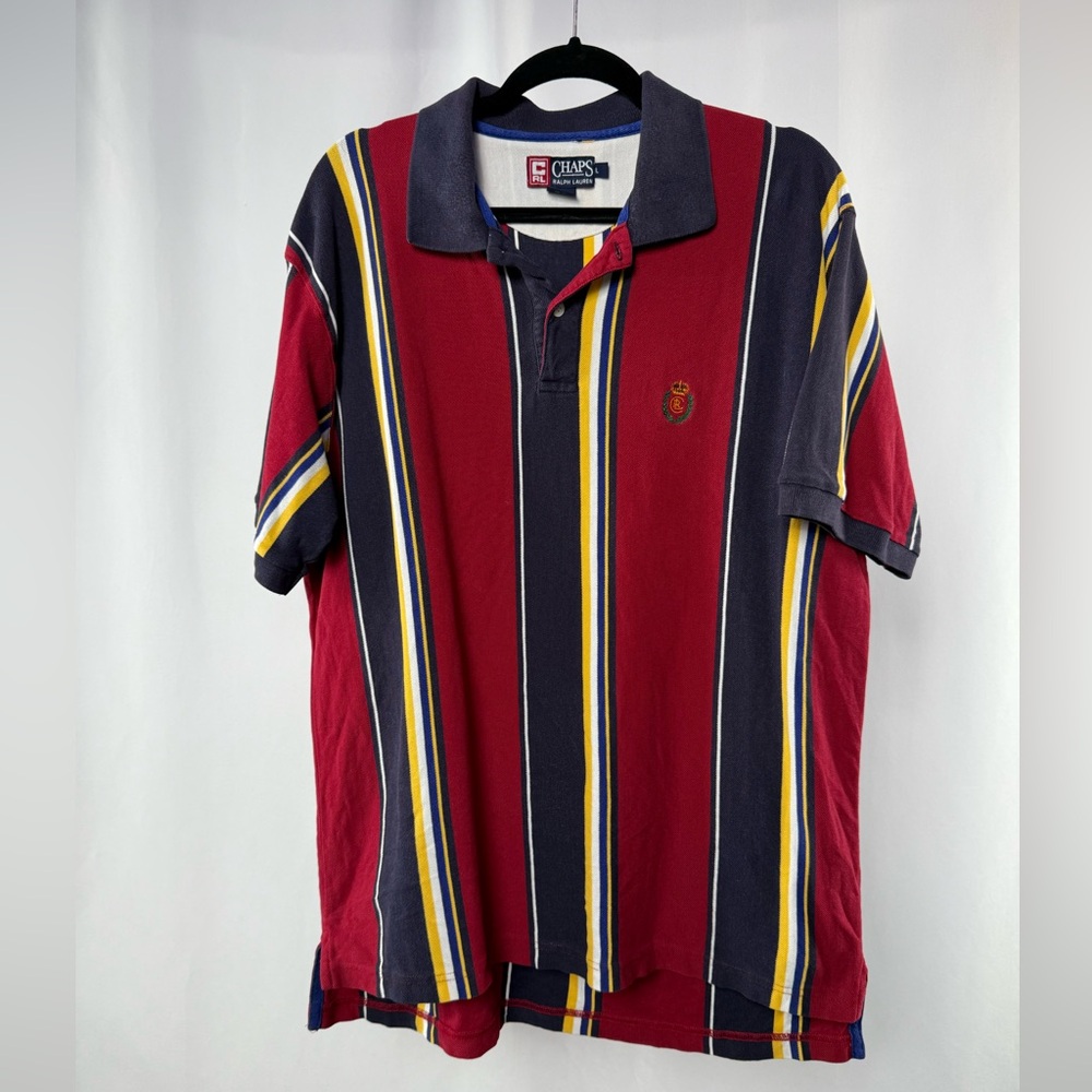 Vintage Chaps Ralph Lauren Stripe Short Sleeve Polo Shirt in Red Blue Size Large